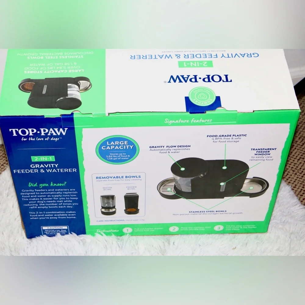 Top Paw 2-in-1 Gravity Pet Feeder & Waterer Dog Cat Automatic Food Dispenser